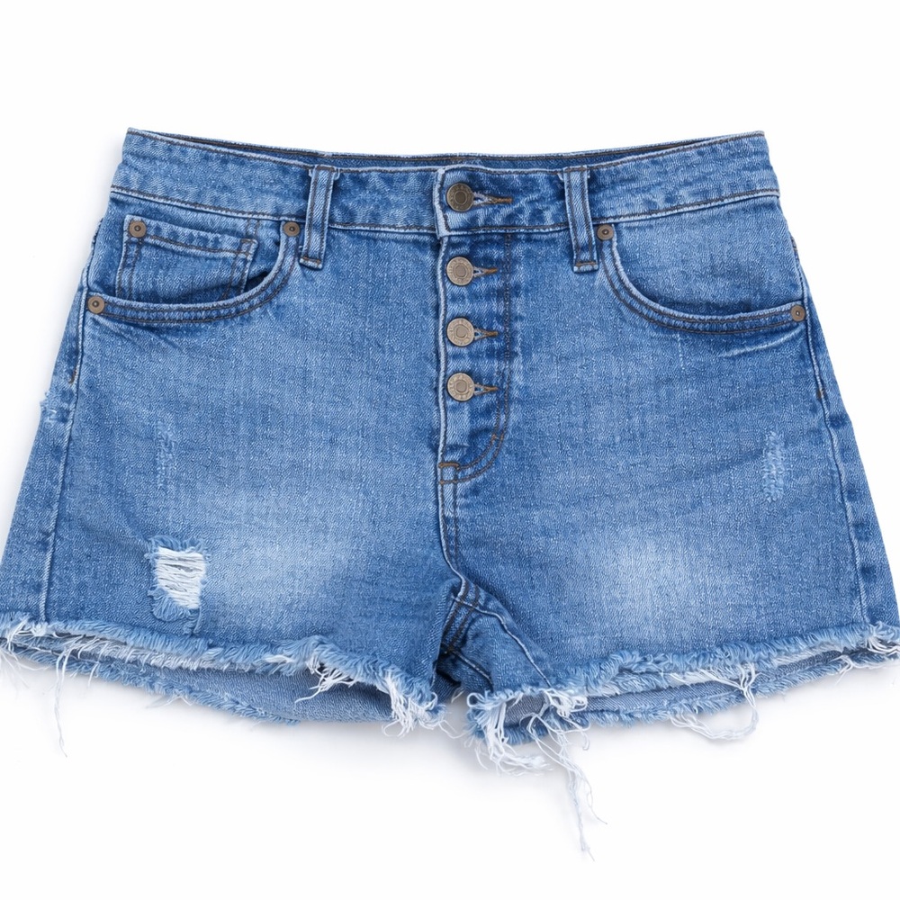 STS‎ Blue Button-Fly Distressed Denim Shorts - Medium Blue